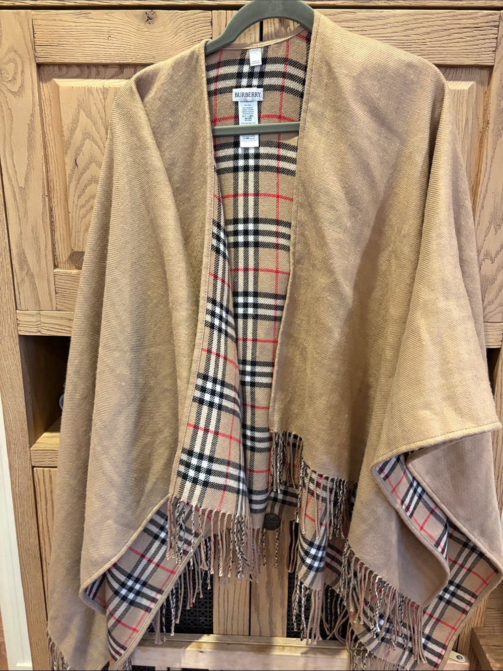 Burberry Camel Reversible Plaid-Trim Wool Cape